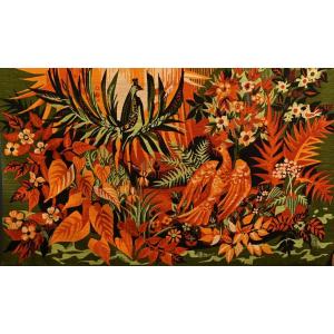 Hervé Lelong (1937) "the Happy Island", Hand Printed Panel On Wool Fabric