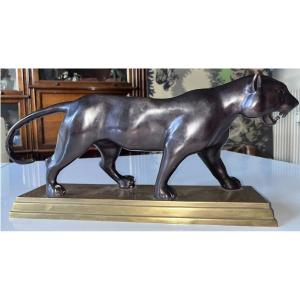 Dans Le Style De Barye Grand Tigre En Marche, Bronze A Double Patine L43cm