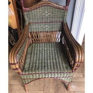 Ancienne Paire De Fauteuils + Porte Revues En Rotin Et Bambou Polychrome