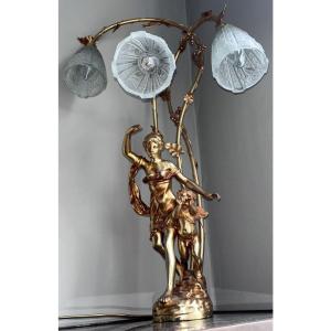FERVILLE SUAN (1847-1925) Lampe En Bronze Métal Doré à 3 Lumières Signée H80cm