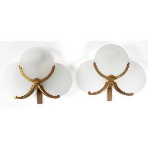 Art Deco Sconces In Golden Metal And Three Opaline Glass Plates (perzel Style)