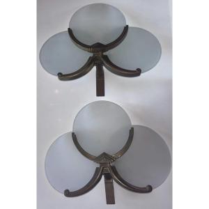 Paire d'appliques Art Déco En Métal  Et Trois Plaques En Verre  ( Style Perzel)