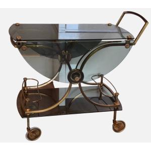 Maison Jansen Trolley (rolling Bar) In Smoked Glass, Brass And Gilded And Chiseled Bronze