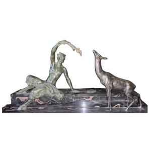 Bouraine Marcel (1886-1948) Art Deco Bronze Group With Satyr Or Faun Signed