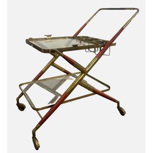 Cesare LACCA (1929) pour Cassina : Petite desserte à roulette, en bois, verre et laiton