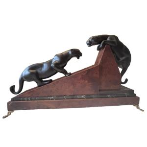 “the Two Panthers” Circa 1930 Important Art Deco Animal Sculpture In Patinated Spelter
