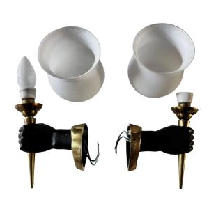 Arlus Or Devoluy: Pair Of Bronze And Opaline Wall Sconces (nubian Hands)