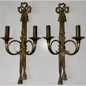 Maison Charles Paris Large Pair Of Neo-classical Wall Sconces In Gilt Bronze 53cm Stamped