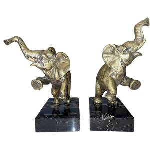 Louis FONTINELLE ( 1886-1964 ) Paire De Serre Livres Aux éléphants En Bronze Sur Marbre  Signés