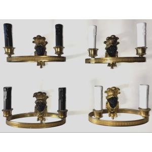 Maison Bagues 4 Wall Sconces In Gilded And Patinated Bronze, Featuring The Heads Of Indians Or Nubians