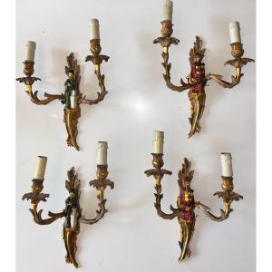 Maison Jansen. Suite Of 4 Chinese Sconces With Polychrome Gilt Bronze Foliage Couple Decor