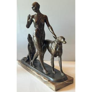 Riché, Louis (1877–1949) Art Deco Bronze Sculpture. Woman With Greyhounds. Signed