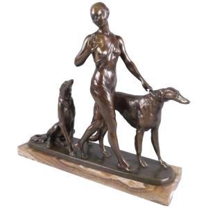Riché, Louis (1877–1949) Art Deco Bronze Sculpture. Woman With Greyhounds. Signed