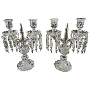 BACCARAT  Paire de chandeliers girandoles en cristal , Modèle Bambou Tors, estampillées