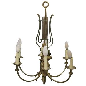 Maison TISSERANT Paris 1930 :  Lustre en bronze, en forme de Lyre et Cariatides