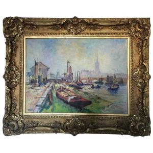 Auguste APELLE 1900 Huile sur toile début 20eme dans un grand cadre à oreilles en bois doré