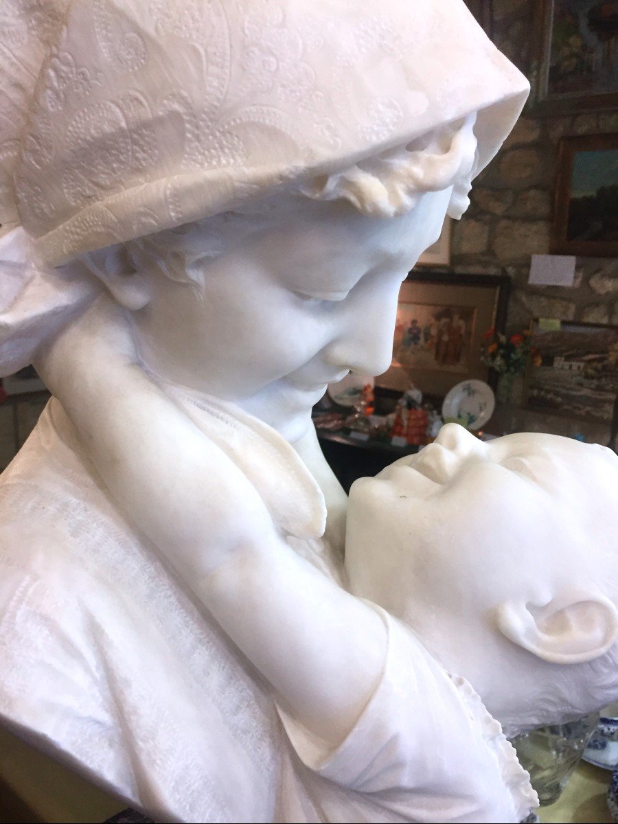 Sculpture  en marbre signée  Vichi Fernandino - La Mère Et l'Enfant - Florence 1900-photo-2