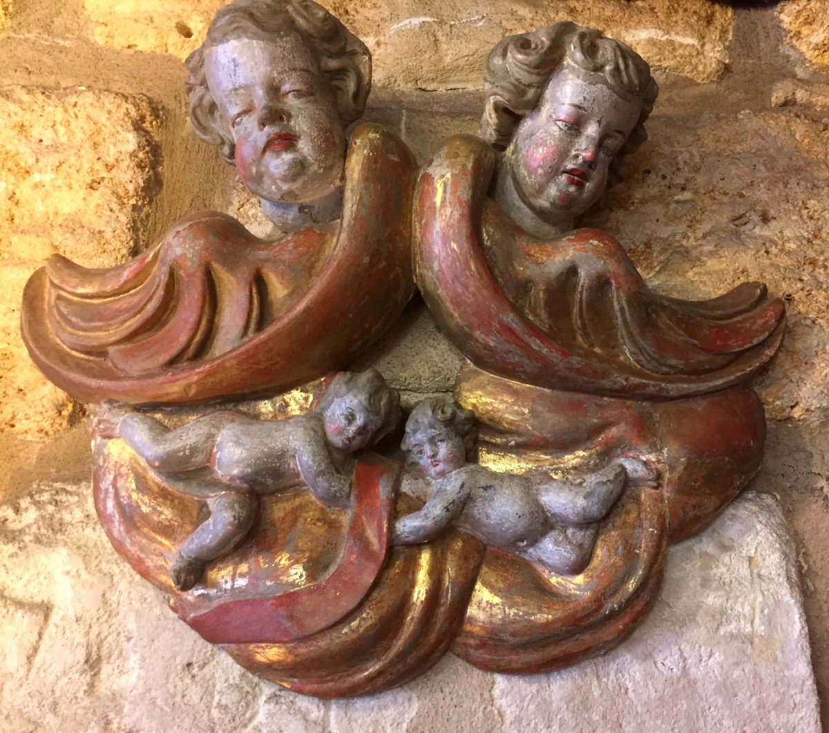 Panneau En Bois Doré Polychrome d'époque XVIIIème