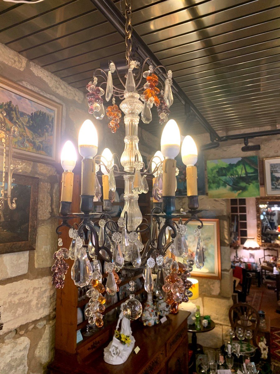 Old Chandelier 6 Lights, Bronze, Pendants And Bunches Of Grapes