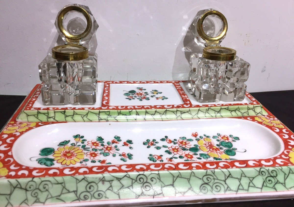 Double Porcelain Inkwell And Cut Crystal Bottles Early 20th Century-photo-2