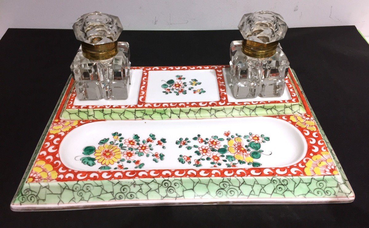 Double Porcelain Inkwell And Cut Crystal Bottles Early 20th Century