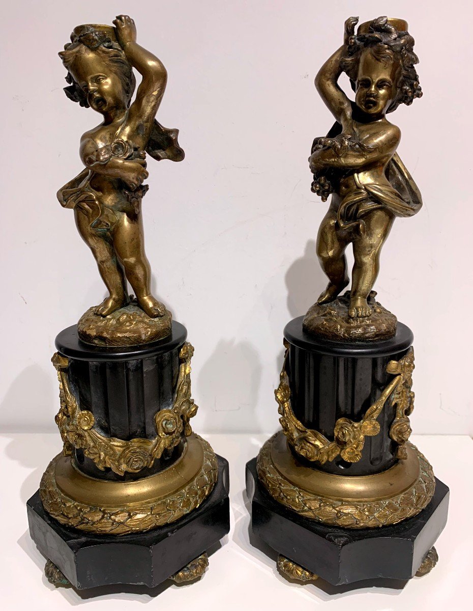 Paire De Bougeoirs En Bronze Et Marbre d'époque Napoléon III-photo-1