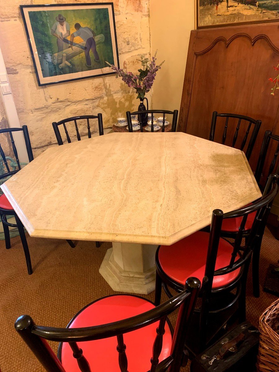 Large Octagonal Table And Central Foot In Vintage White Marble In Perfect Condition-photo-2