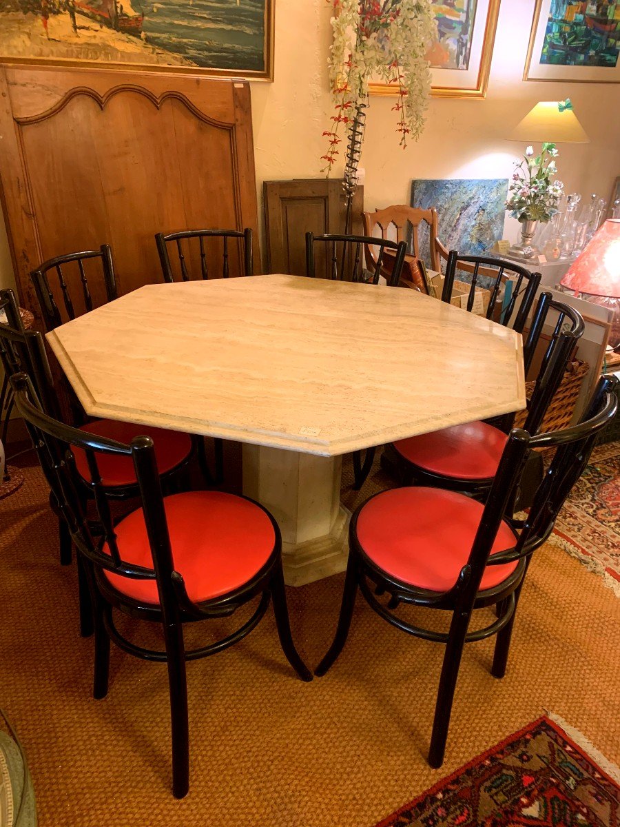 Large Octagonal Table And Central Foot In Vintage White Marble In Perfect Condition-photo-3