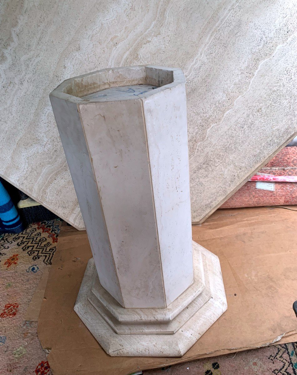 Large Octagonal Table And Central Foot In Vintage White Marble In Perfect Condition-photo-6