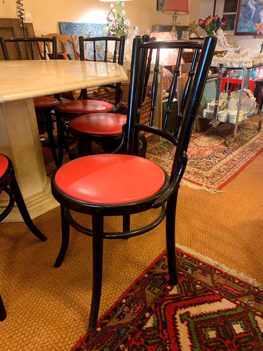 8 Chaises "bistrot "laquées Noires Assise En Cuir" Framboise "