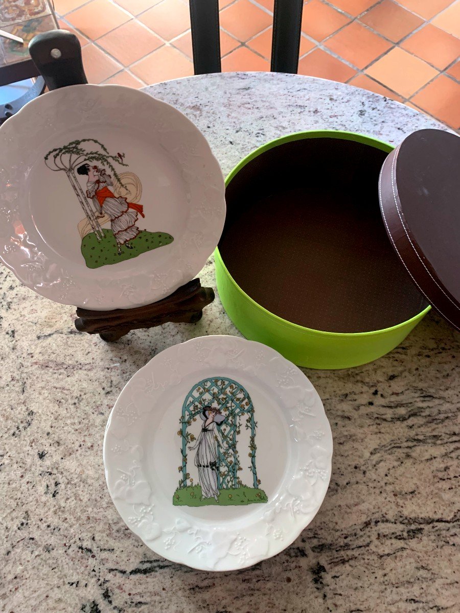 6 Porcelain Dessert Plates, Hand Decor "art Deco" In Their Pretty Box ...-photo-2