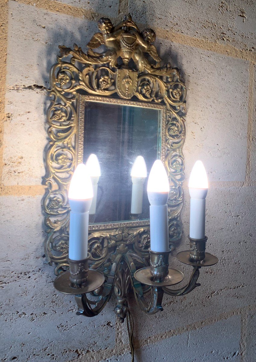 Applique Ancienne En Bronze ,à 3 Bras De Lumière Et Miroir Central .-photo-3