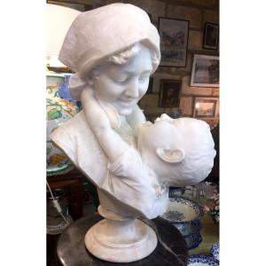 Alabaster Sculpture Signed Vichi Fernandino - Mother And Child - Florence 1900