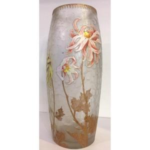 Frosted Glass Vase Decorated With Chrysanthemums - Legras - Signed Montjoie Saint Denis