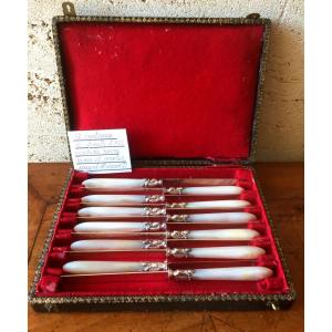 12 Dessert Knives Mother Of Pearl Handle Blade And Ferrule Minerva Hallmark 1st Title