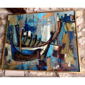 Large Oil On Canvas "the Boats" Signed By Jane Lemarchand