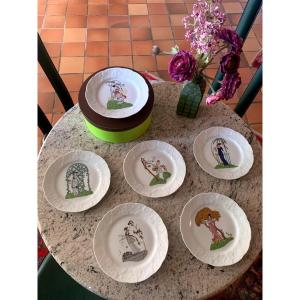 6 Porcelain Dessert Plates, Hand Decor "art Deco" In Their Pretty Box ...