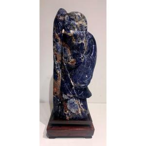 "the Old Wise" Character In Sodalite On Wooden Base