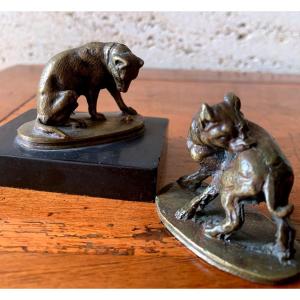 2 Small Bronze Dogs By Victor Chemin (1825-1901)
