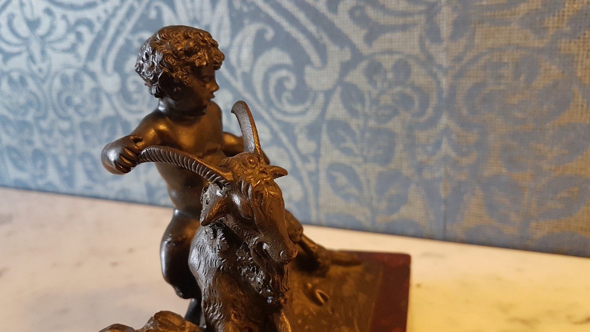 Bronze With A Red Marble Base. Representing A Satyr With A Goat.-photo-3