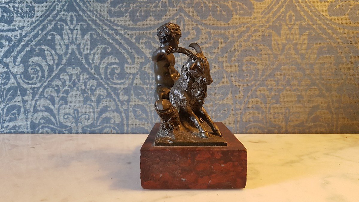 Bronze With A Red Marble Base. Representing A Satyr With A Goat.-photo-4