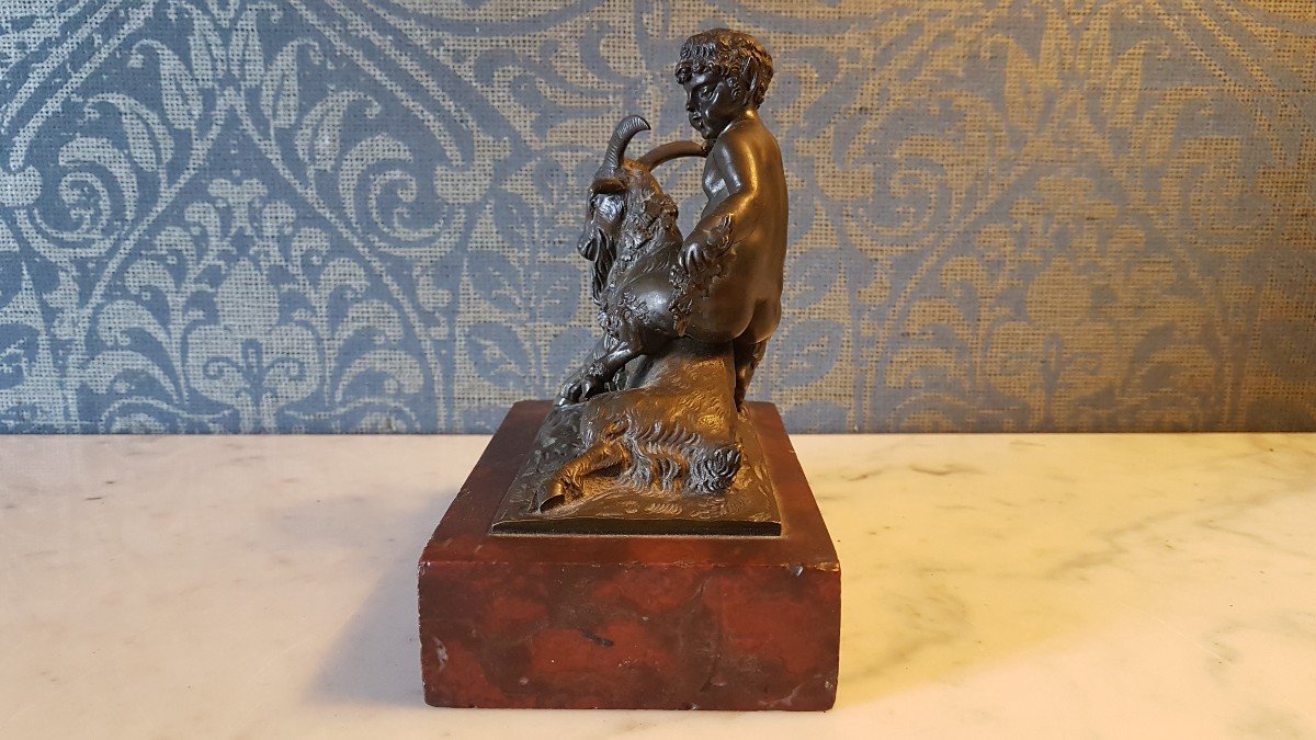 Bronze With A Red Marble Base. Representing A Satyr With A Goat.-photo-6