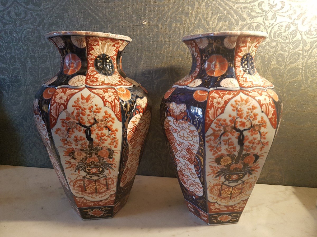 Paire  Vases  Imari- Japon  19eme, Hexagonal.-photo-8