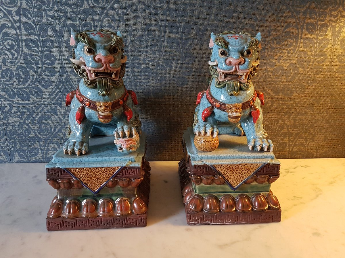 Paire  Fo-chiens En Fayience. Chine 20eme..-photo-6