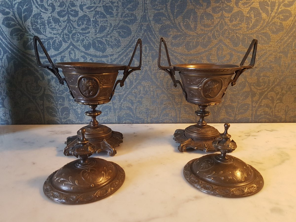 Paire Cassolettes  En Bronze. Style Barbedienne.  19eme. -photo-3