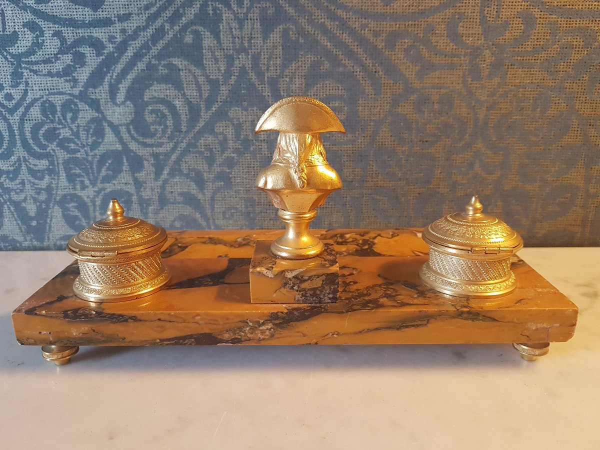 Sienna Marble And Gilt Bronze Inkwell Representing: Napoleon. Charles X. -photo-5