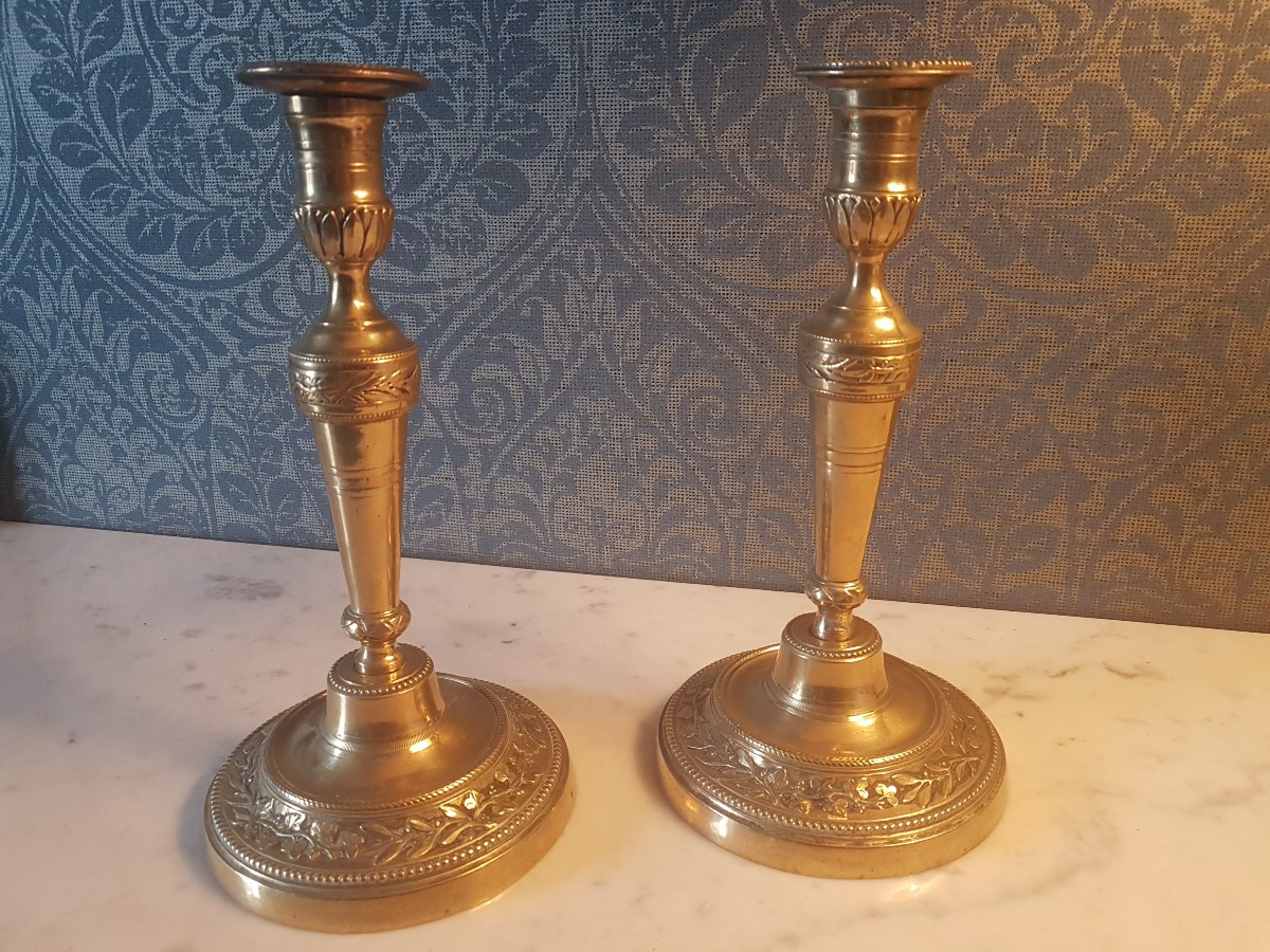 Pair Of Bronze Candlesticks. Louis XVI Style. 19th Century. 