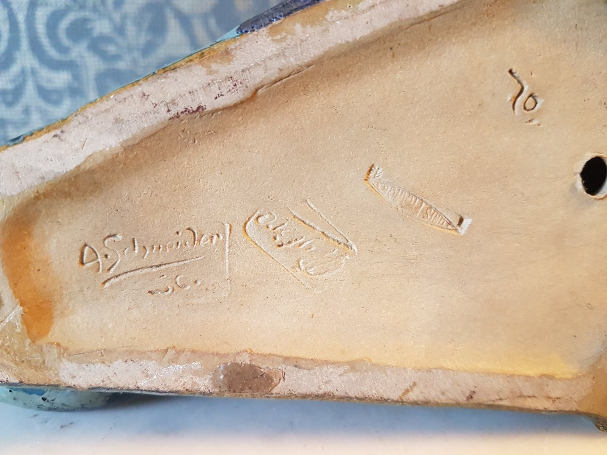 Pair Of Earthenware Bookends. Signed 'a. Schneider'. -photo-3
