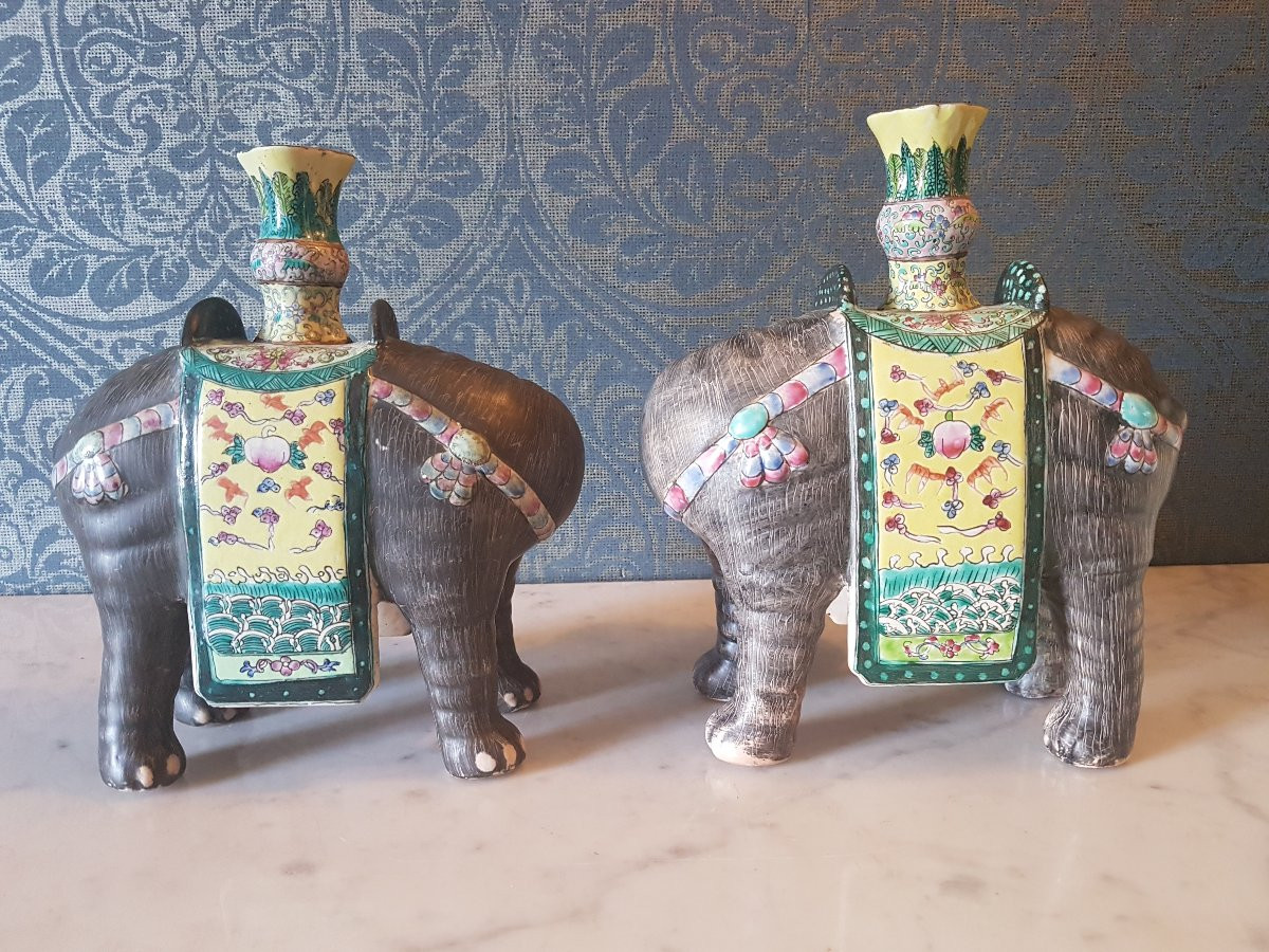 Pair Of Porcelain Candelabra. Depicting Two Elephants. China, 19th Century. -photo-4