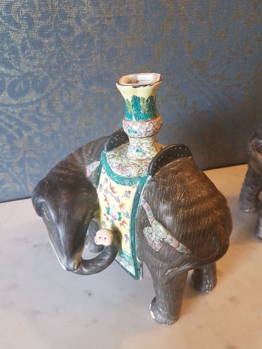 Pair Of Porcelain Candelabra. Depicting Two Elephants. China, 19th Century. -photo-5